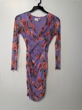 Floral Twist-Front Purple Midi Dress with Pink Roses